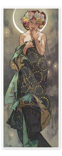 The Moon And The Stars - The Moon I Alfons Mucha Plakat 20 X 50 Cm Billedramme