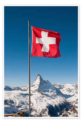 Matterhorn With Swiss Flag. Zermatt, Switzerland. Peter Wey Plakat 20 X 30 Cm Billedramme 3 Matterhorn With Swiss Flag. Zermatt, Switzerland. Peter Wey Plakat 20 X 30 Cm Billedramme