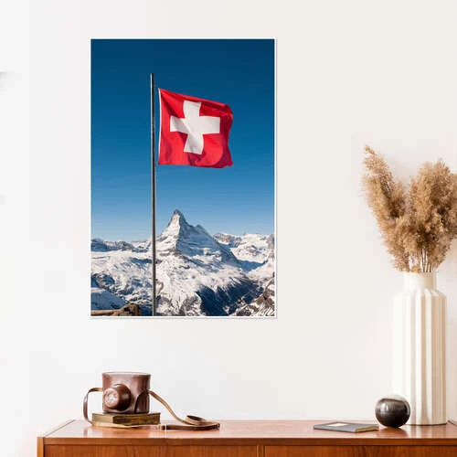 Matterhorn With Swiss Flag. Zermatt, Switzerland. Peter Wey Plakat 20 X 30 Cm Billedramme 6 Matterhorn With Swiss Flag. Zermatt, Switzerland. Peter Wey Plakat 20 X 30 Cm Billedramme - Billede 4